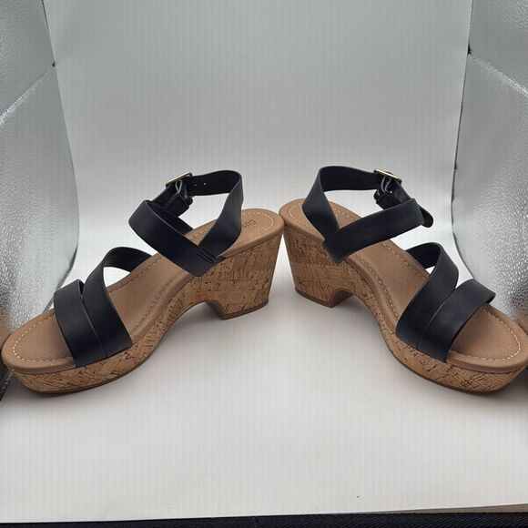 CUSHIONAIRE Women's Russ cork wedge sandal +Memory Foam SIZE 8 BLACK PREOWNED - Picture 5 of 7